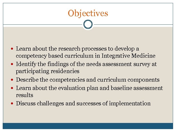 Objectives Learn about the research processes to develop a competency based curriculum in Integrative