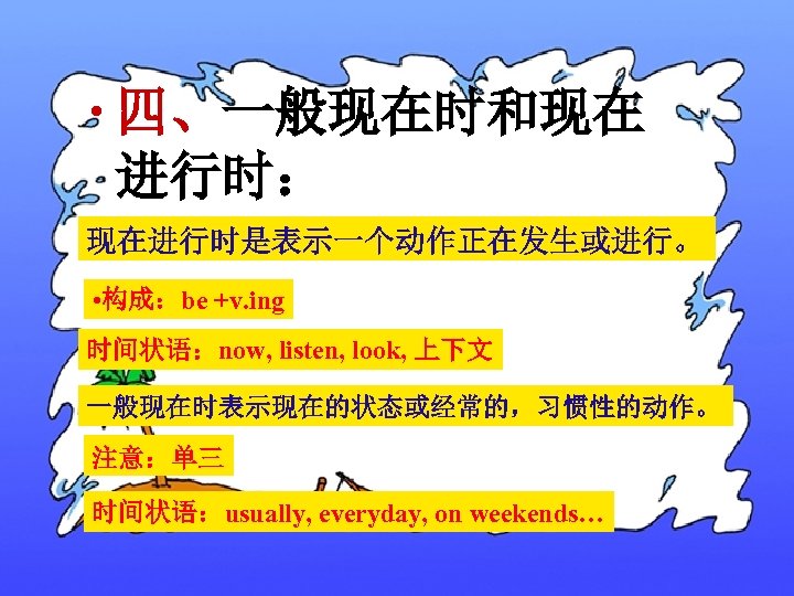  • 四、一般现在时和现在 进行时： 现在进行时是表示一个动作正在发生或进行。 • 构成：be +v. ing 时间状语：now, listen, look, 上下文 一般现在时表示现在的状态或经常的，习惯性的动作。