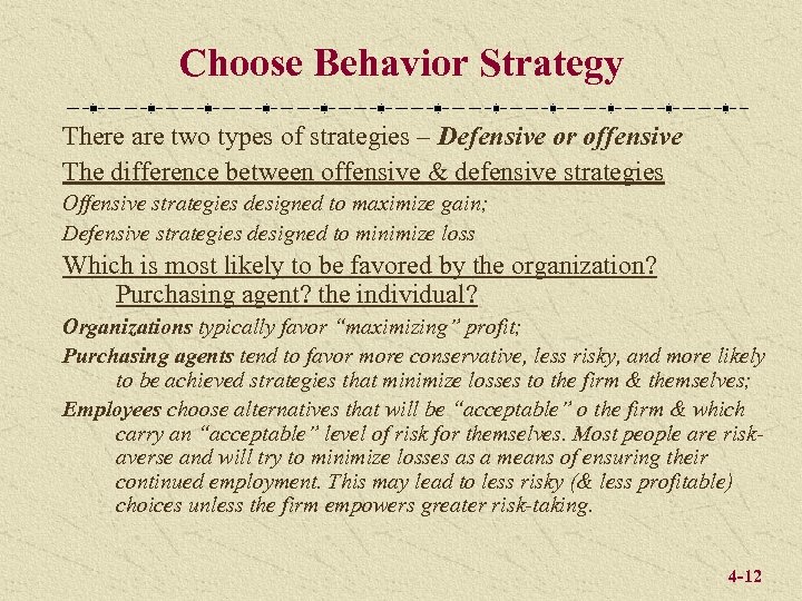 Choose Behavior Strategy There are two types of strategies – Defensive or offensive The