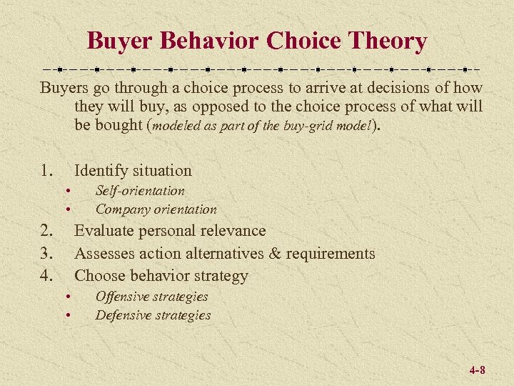 Buyer Behavior Choice Theory Buyers go through a choice process to arrive at decisions