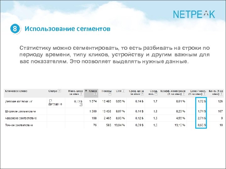 8 Использование сегментов Статистику можно сегментировать, то есть разбивать на строки по периоду времени,