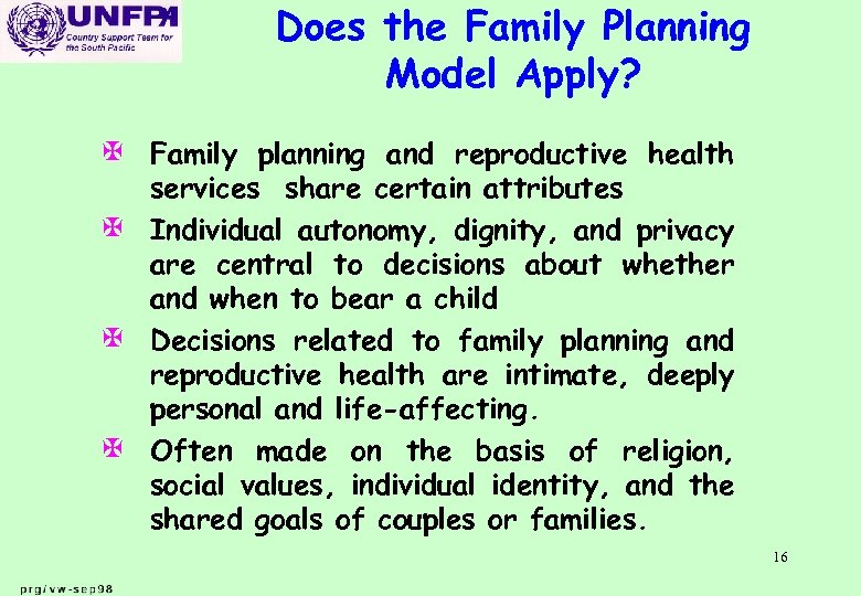 Does the Family Planning Model Apply? X Family planning and reproductive health X X
