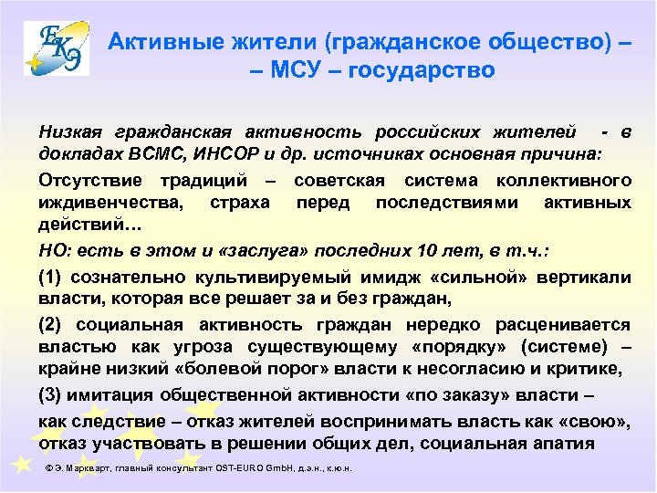 Активные жители (гражданское общество) – – МСУ – государство Низкая гражданская активность российских жителей