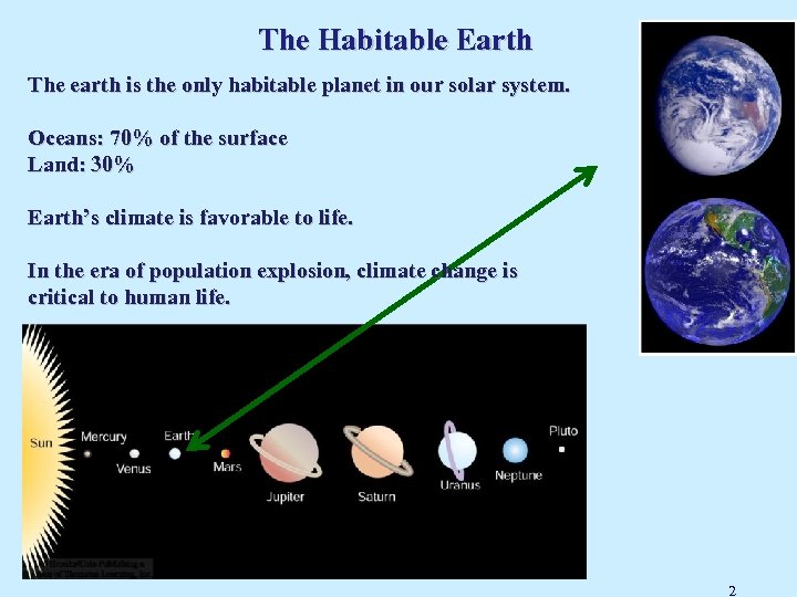 The Habitable Earth The earth is the only habitable planet in our solar system.