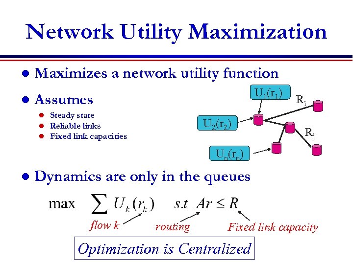 Network Utility Maximization l l Maximizes a network utility function U 1(r 1) Assumes