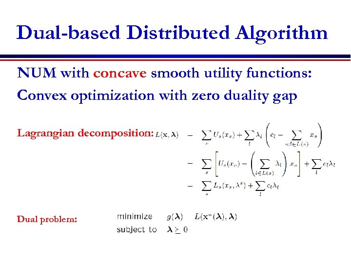 Dual-based Distributed Algorithm NUM with concave smooth utility functions: Convex optimization with zero duality