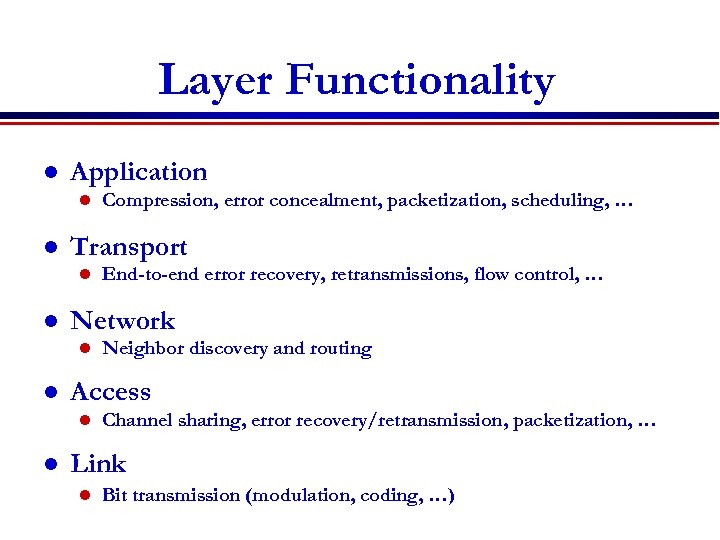 Layer Functionality l Application l l Transport l l Neighbor discovery and routing Access