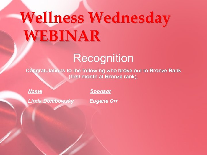 Wellness Wednesday WEBINAR Recognition Congratulations to the following who broke out to Bronze Rank