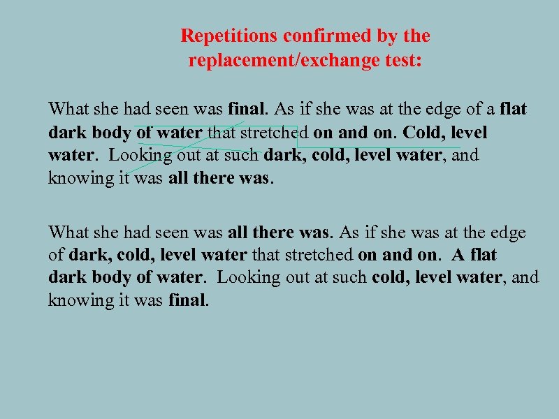 Repetitions confirmed by the replacement/exchange test: What she had seen was final. As if