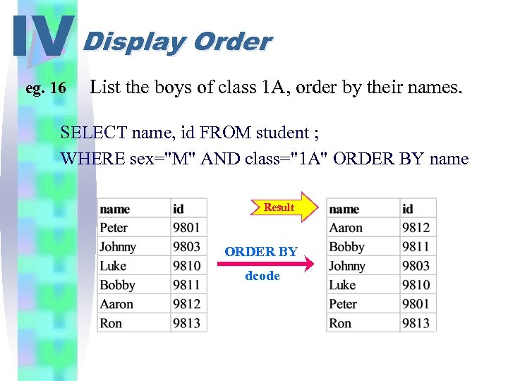 IV Display Order eg. 16 List the boys of class 1 A, order by