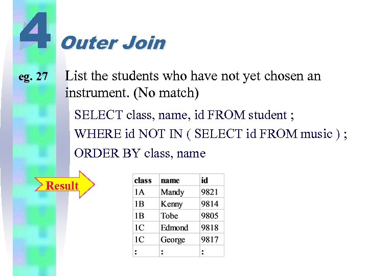 4 eg. 27 Outer Join List the students who have not yet chosen an