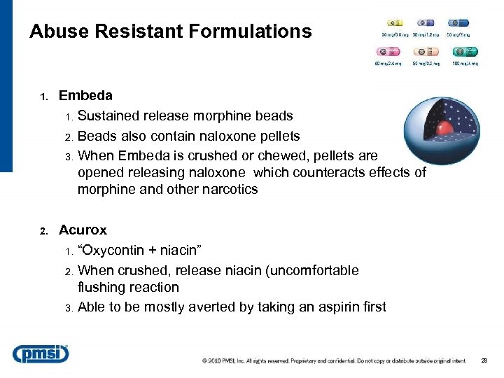 Abuse Resistant Formulations 1. Embeda 1. Sustained release morphine beads 2. Beads also contain