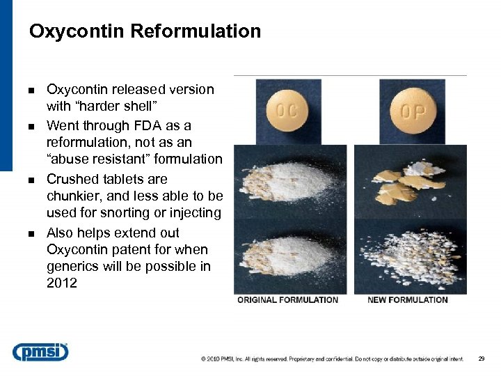 Oxycontin Reformulation n n Oxycontin released version with “harder shell” Went through FDA as