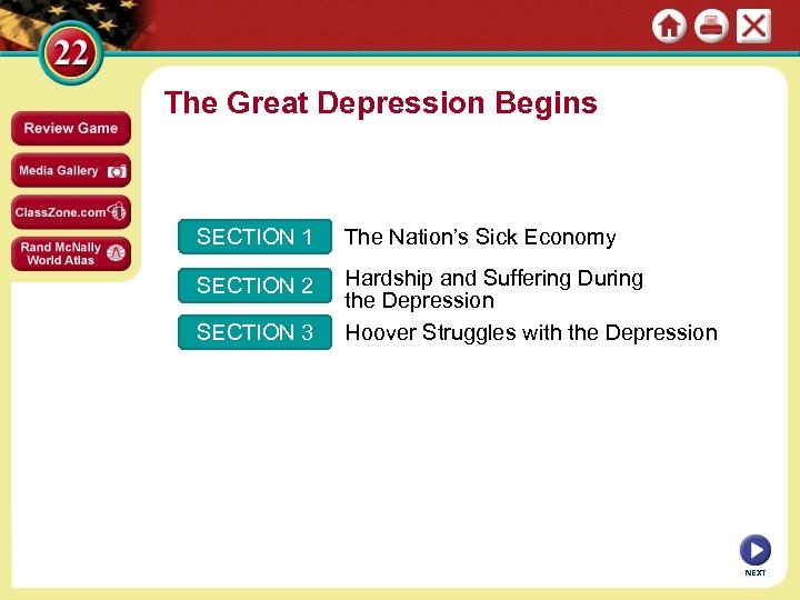 The Great Depression Begins SECTION 1 The Nation’s Sick Economy SECTION 2 Hardship and