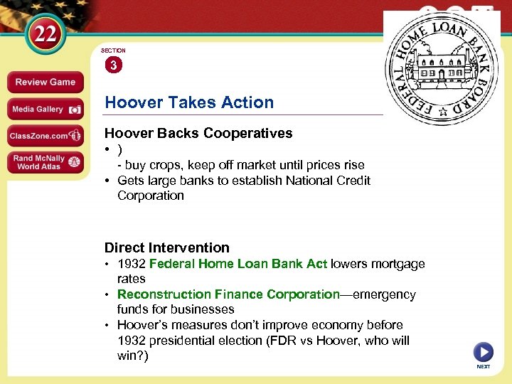 SECTION 3 Hoover Takes Action Hoover Backs Cooperatives • ) - buy crops, keep