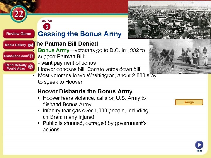 SECTION 3 Gassing the Bonus Army The Patman Bill Denied • Bonus Army—veterans go