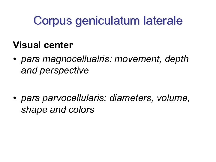 Corpus geniculatum laterale Visual center • pars magnocellualris: movement, depth and perspective • pars
