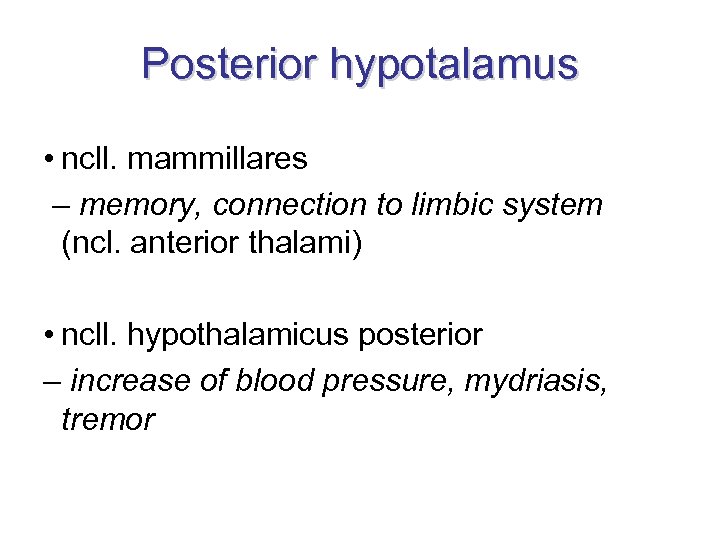 Posterior hypotalamus • ncll. mammillares – memory, connection to limbic system (ncl. anterior thalami)