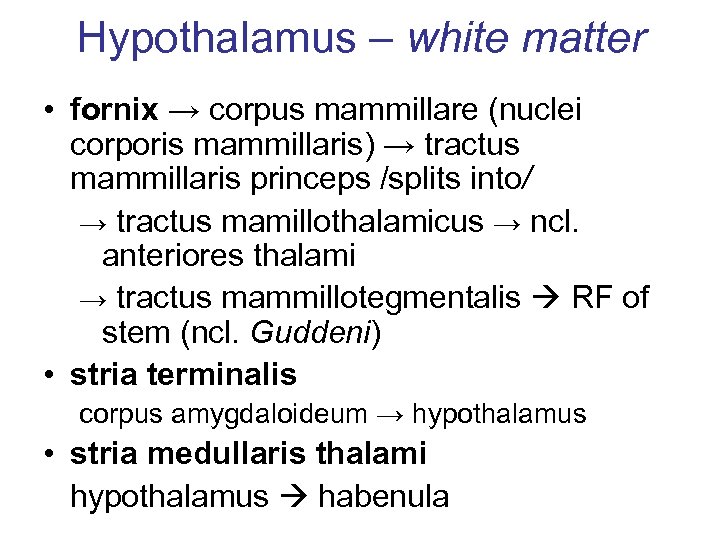 Hypothalamus – white matter • fornix → corpus mammillare (nuclei corporis mammillaris) → tractus