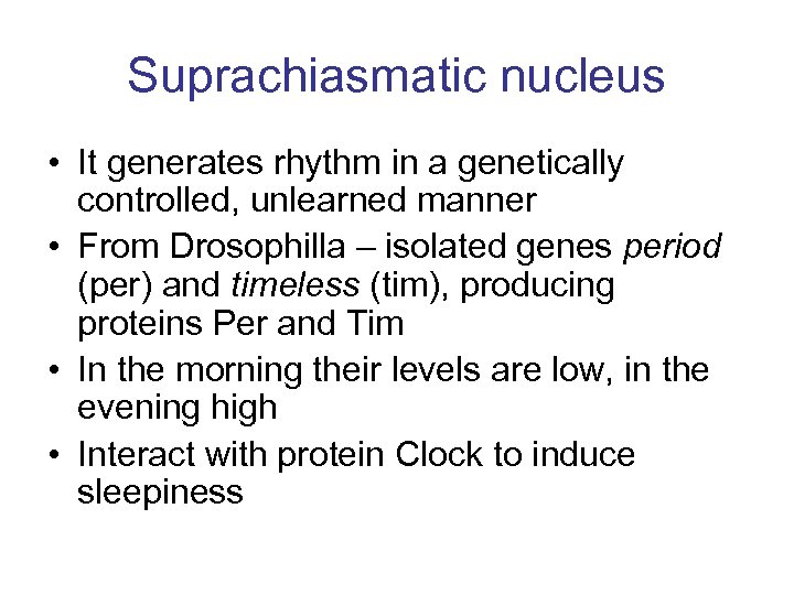Suprachiasmatic nucleus • It generates rhythm in a genetically controlled, unlearned manner • From