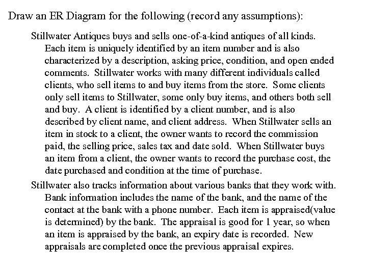 Draw an ER Diagram for the following (record any assumptions): Stillwater Antiques buys and