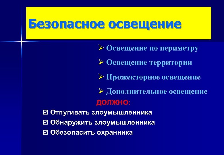 Безопасное освещение Ø Освещение по периметру Ø Освещение территории Ø Прожекторное освещение Ø Дополнительное