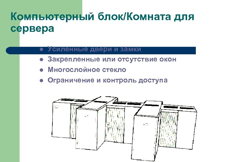 Компьютерный блок/Комната для сервера l l Усиленные двери и замки Закрепленные или отсутствие окон