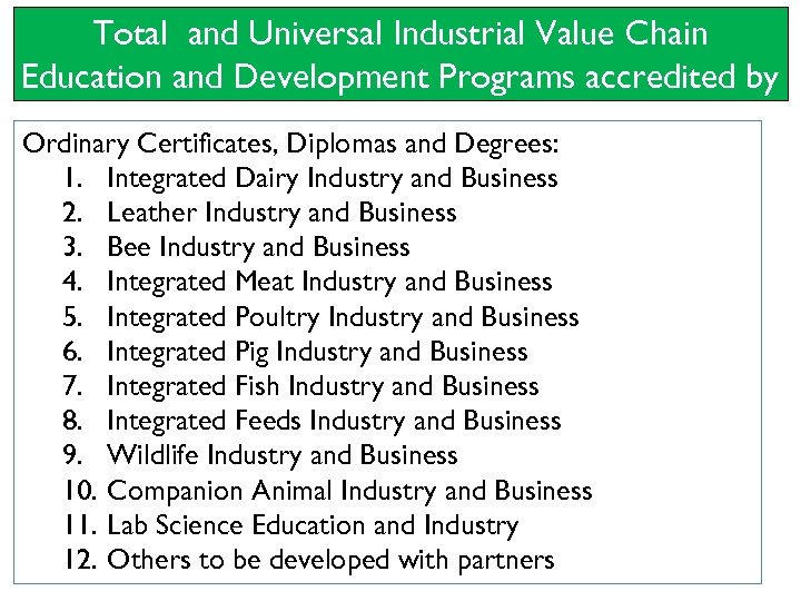 Total and Universal Industrial Value Chain Education and Development Programs accredited by NCHE Ordinary