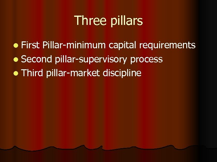 Three pillars l First Pillar-minimum capital requirements l Second pillar-supervisory process l Third pillar-market