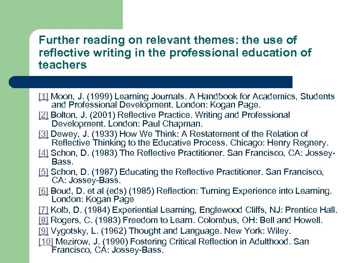 Further reading on relevant themes: the use of reflective writing in the professional education