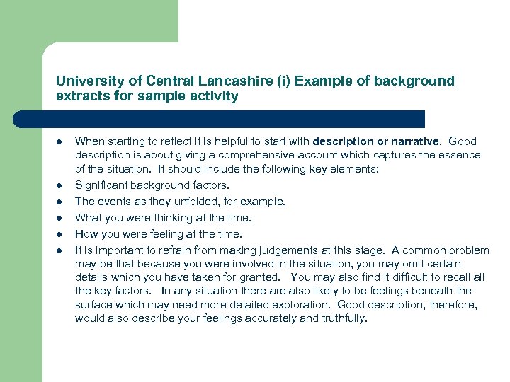 University of Central Lancashire (i) Example of background extracts for sample activity l l