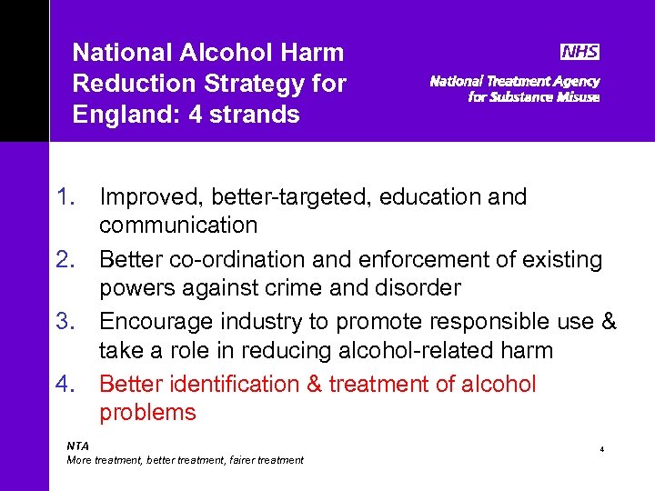 National Alcohol Harm Reduction Strategy for England: 4 strands 1. Improved, better-targeted, education and