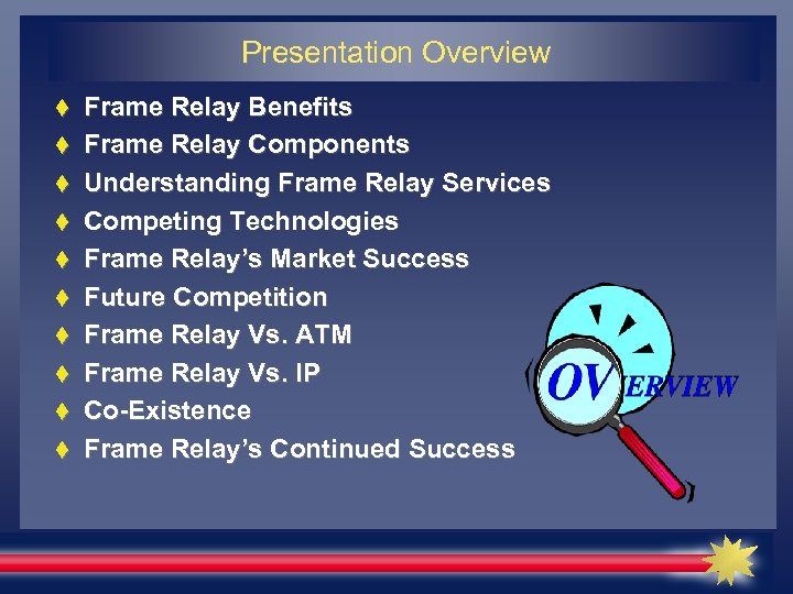 Presentation Overview Frame Relay Benefits Frame Relay Components Understanding Frame Relay Services Competing Technologies