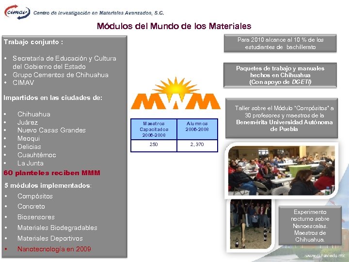 Módulos del Mundo de los Materiales Para 2010 alcance al 10 % de los