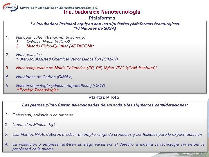 Incubadora de Nanotecnología Plataformas La Incubadora instalará equipos con las siguientes plataformas tecnológicas (10