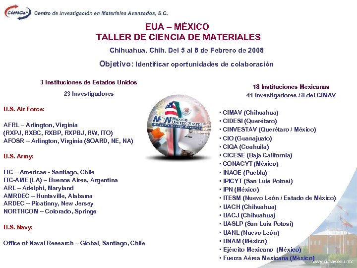 EUA – MÉXICO TALLER DE CIENCIA DE MATERIALES Chihuahua, Chih. Del 5 al 8