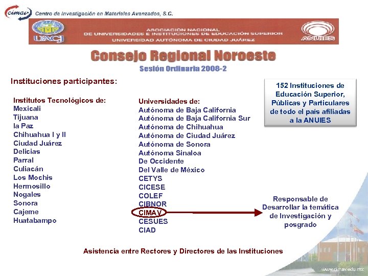Instituciones participantes: Institutos Tecnológicos de: Mexicali Tijuana la Paz Chihuahua I y II Ciudad