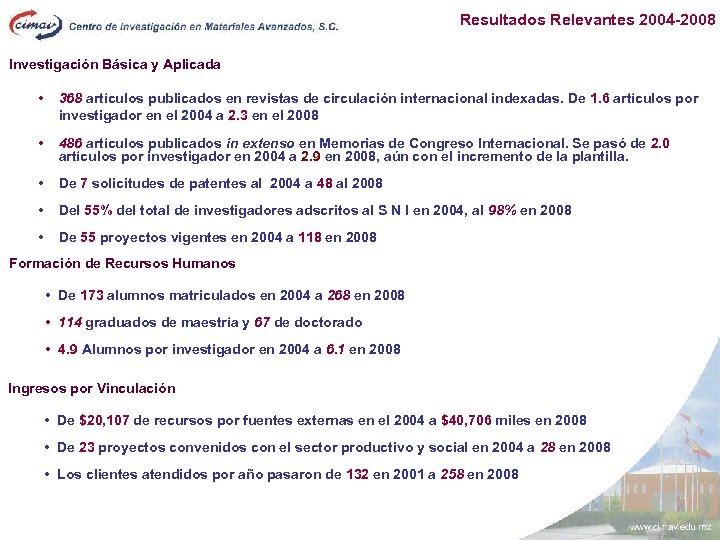 Resultados Relevantes 2004 -2008 Investigación Básica y Aplicada • 368 artículos publicados en revistas