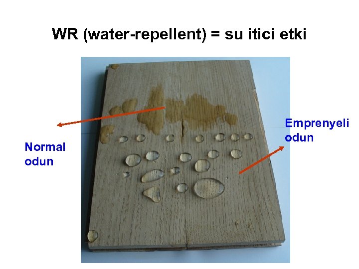 WR (water-repellent) = su itici etki Normal odun Emprenyeli odun 