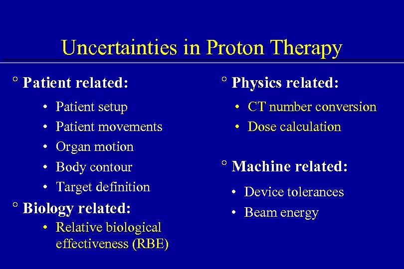 Uncertainties in Proton Therapy ° Patient related: • • • Patient setup Patient movements