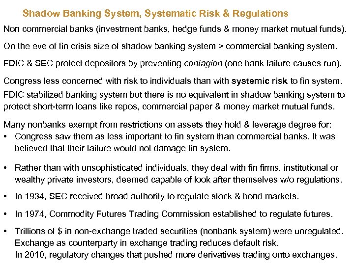 Shadow Banking System, Systematic Risk & Regulations Non commercial banks (investment banks, hedge funds