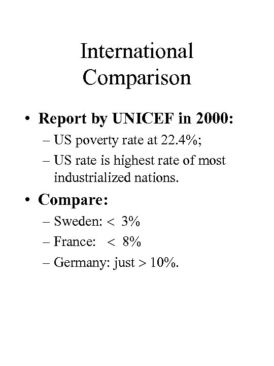 International Comparison • Report by UNICEF in 2000: – US poverty rate at 22.