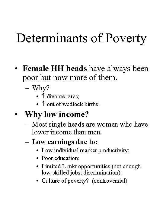 Determinants of Poverty • Female HH heads have always been poor but now more