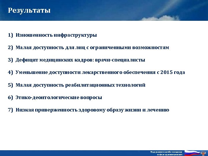 Результаты 1) Изношенность инфраструктуры 2) Малая доступность для лиц с ограниченными возможностям 3) Дефицит