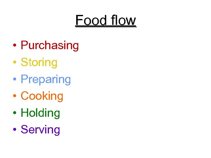 Food flow • • • Purchasing Storing Preparing Cooking Holding Serving 