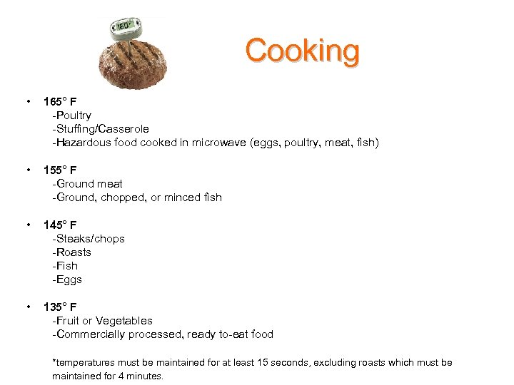 Cooking • 165° F -Poultry -Stuffing/Casserole -Hazardous food cooked in microwave (eggs, poultry, meat,