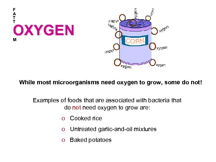 F A T T OXYGEN M While most microorganisms need oxygen to grow, some