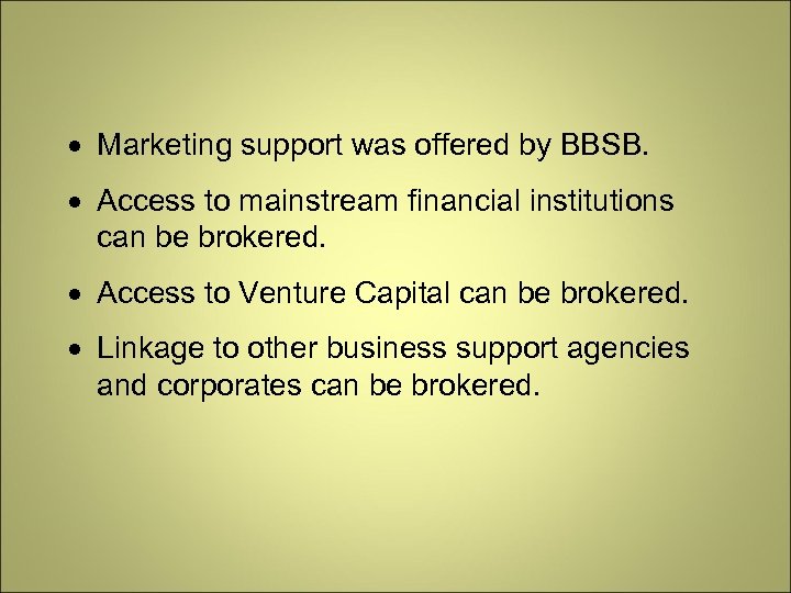  Marketing support was offered by BBSB. Access to mainstream financial institutions can be