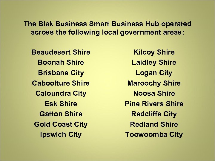 The Blak Business Smart Business Hub operated across the following local government areas: Beaudesert