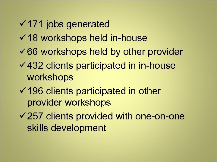  171 jobs generated 18 workshops held in-house 66 workshops held by other provider